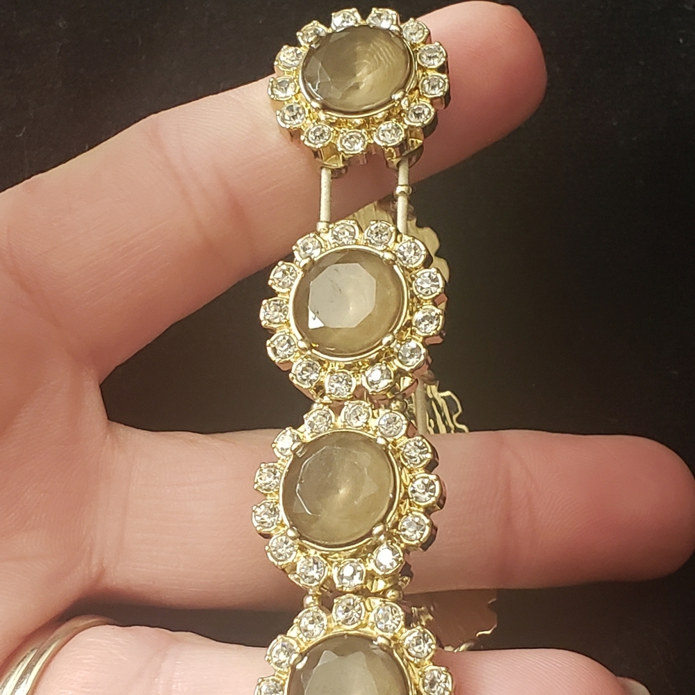 Gold Tone Stretch Bracelet Cabochons & Rhinestones - Picture 5 of 11
